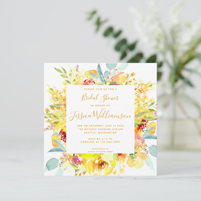 Elegant Yellow Watercolor Floral Bridal Shower Invitation (Standing Front)