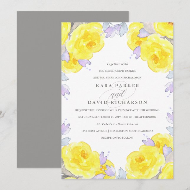 Elegant Yellow Watercolor Roses | Wedding Invitation (Front/Back)