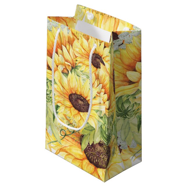 Elegant Yellow Watercolor Sunflower Greenery SMALL Small Gift Bag (Front Angled)