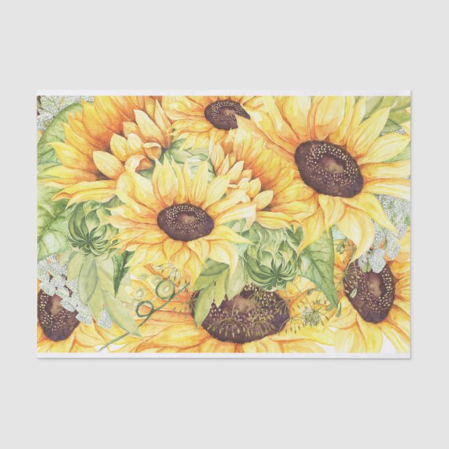 Elegant Yellow Watercolor Sunflowers Greenery Tissue Paper (Front)