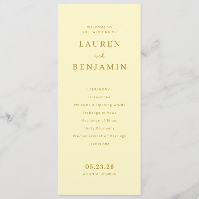Elegant Yellow Wedding Ceremony Schedule Program (Front)