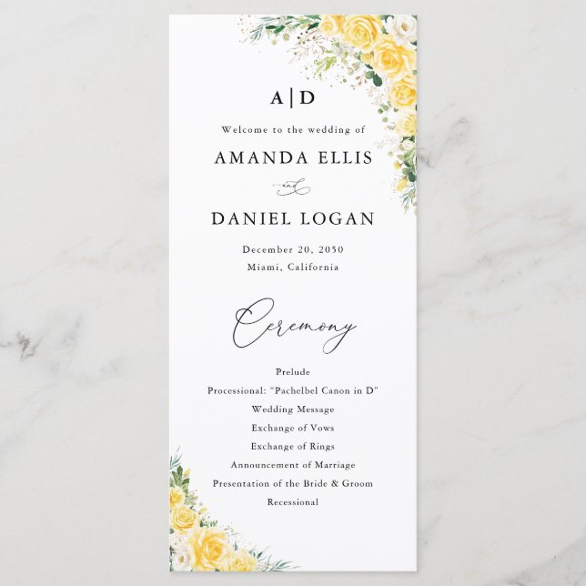 Elegant Yellow Wedding Program (Front)