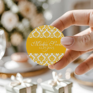 Elegant Yellow White Damask Wedding Favour Classic Round Sticker