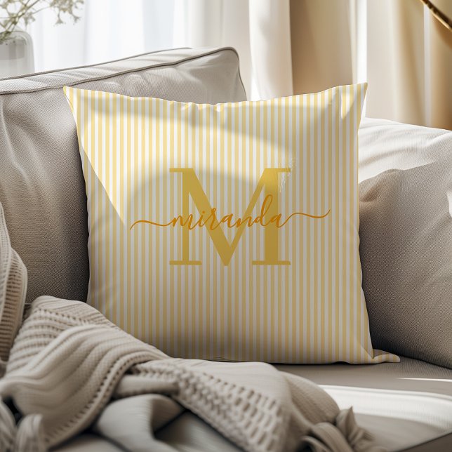 Elegant Yellow & White Stripes Monogram Name Cushion (Creator Uploaded)