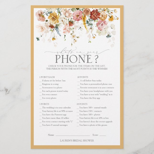 Elegant Yellow Wildflower Bridal Shower Game (Front)