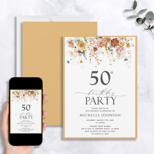 Elegant Yellow Wildflower Watercolor 50th Birthday Invitation (Creator Uploaded)