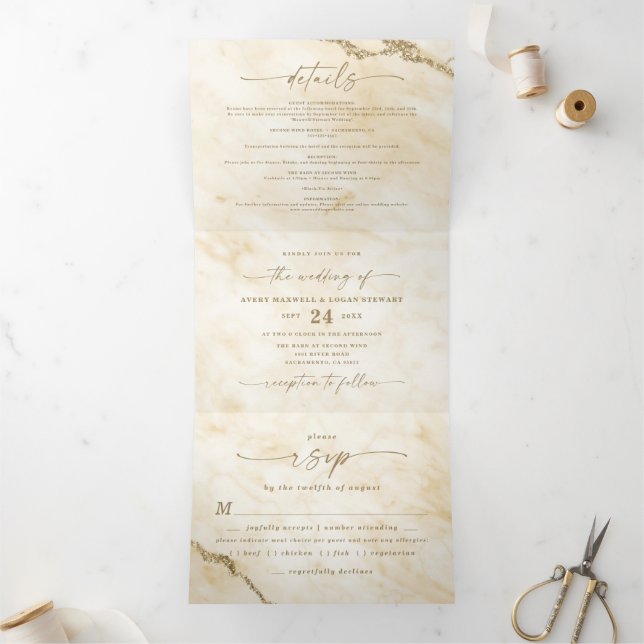 Elegant Yellow with Gold Foil Marble Wedding Tri-Fold Invitation (Inside)