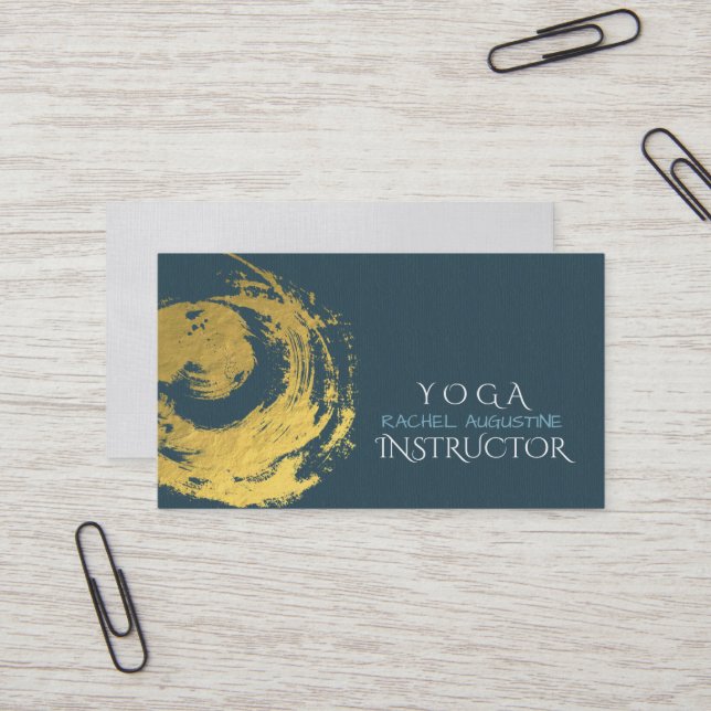 Elegant YOGA Blue & Gold ZEN Symbol Brushstrokes Business Card (Front/Back In Situ)