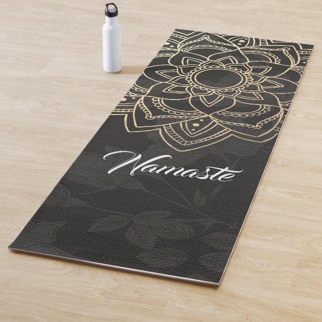 Elegant YOGA Instructor Black Gold Floral Mandala Mat (In Situ)