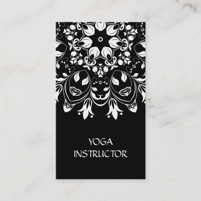 Elegant Yoga Instructor BlackWhite Floral Mandala Business Card (Front)