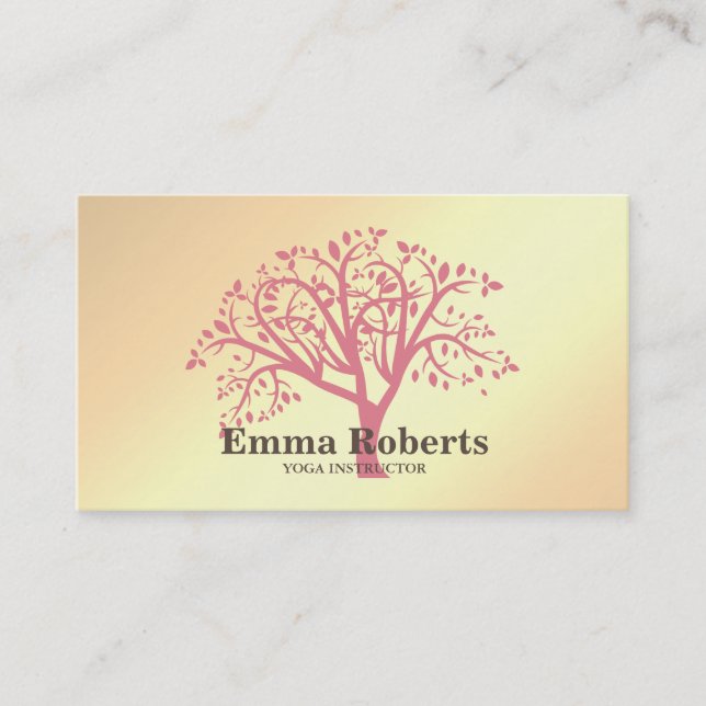 Elegant Yoga Instructor Rose Gold Tree Business Card (Front)