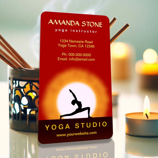 Elegant Yoga Instructor Sunrise Warrior Pose Business Card (Creator Uploaded)
