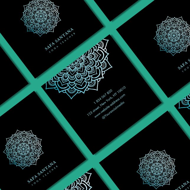 Elegant Yoga Instructor Teal Lotus Mandala   Square Business Card (Creator Uploaded)