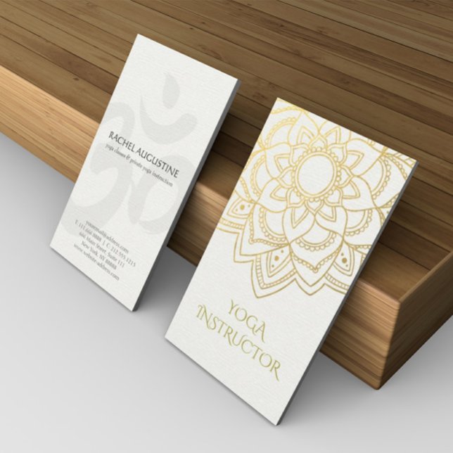 Elegant YOGA Instructor White Gold Floral Mandala Business Card (Creator Uploaded)