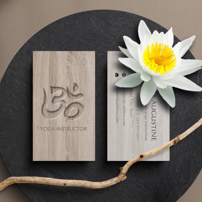 Elegant Yoga Om Symbol Carving Words in Wood Business Card (Creator Uploaded)