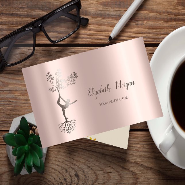 Elegant Yoga Rose Gold Tree Women Silhouette Business Card (Creator Uploaded)