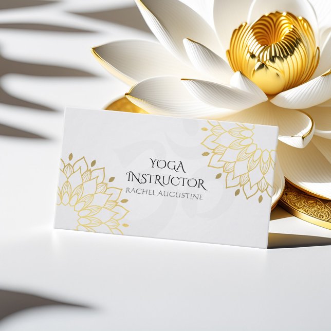 Elegant Yoga White Gold Floral Om Symbol Mandala Business Card (Creator Uploaded)