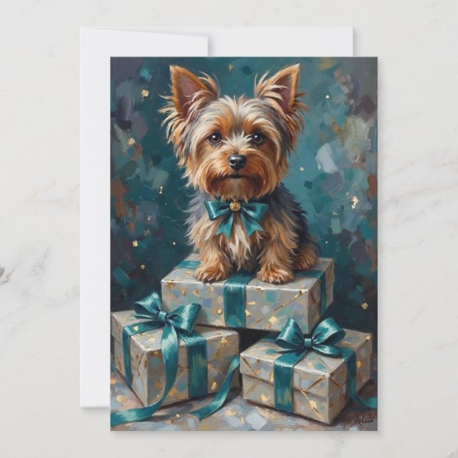 Elegant Yorkshire Terrier Dog Holiday Gift Stack Card (Front)