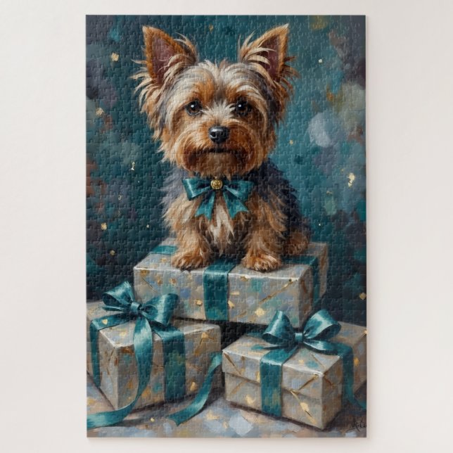 Elegant Yorkshire Terrier Dog Holiday Gift Stack Jigsaw Puzzle (Vertical)