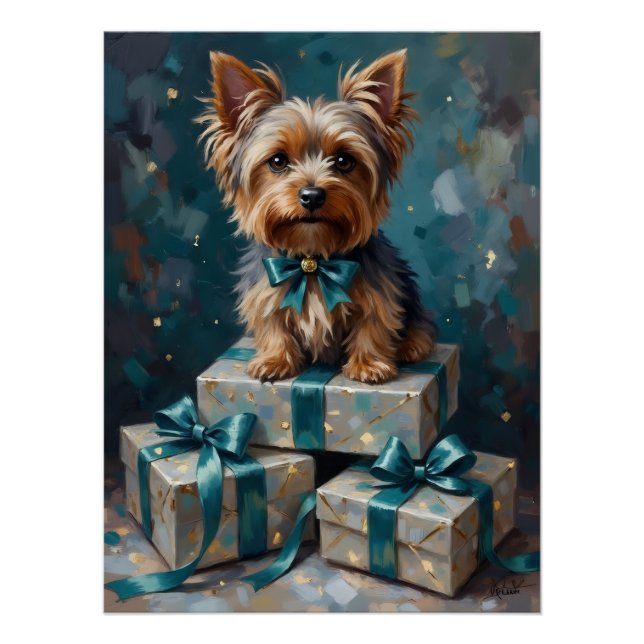 Elegant Yorkshire Terrier Dog Holiday Gift Stack Poster (Front)
