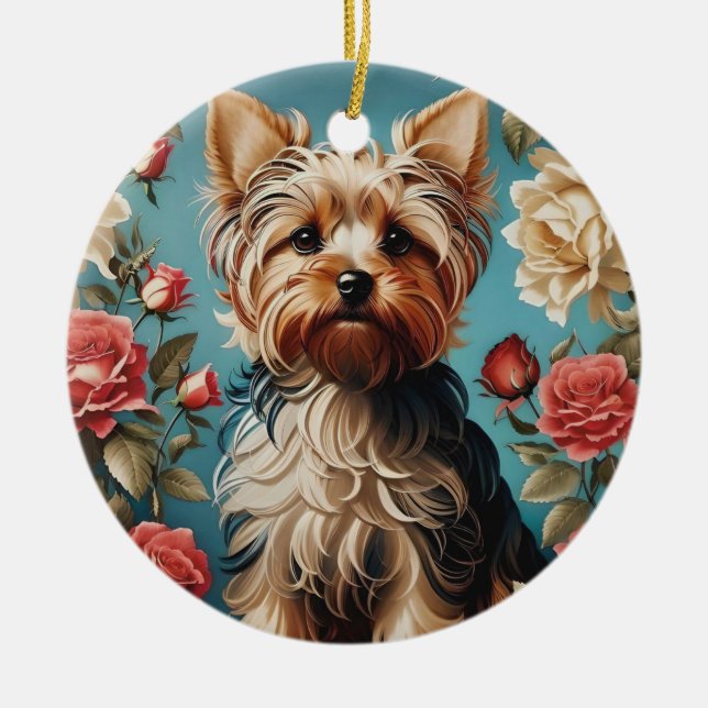 Elegant Yorkshire Terrier Portrait Rose Garden Ceramic Ornament (Front)