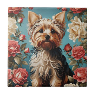 Elegant Yorkshire Terrier Portrait Rose Garden Ceramic Tile