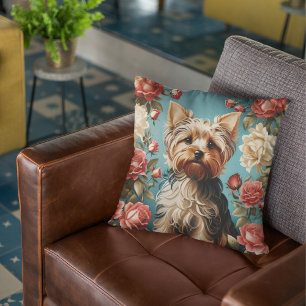 Elegant Yorkshire Terrier Portrait Rose Garden Cushion