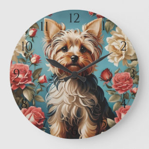 Elegant Yorkshire Terrier Portrait Rose Garden Large Clock