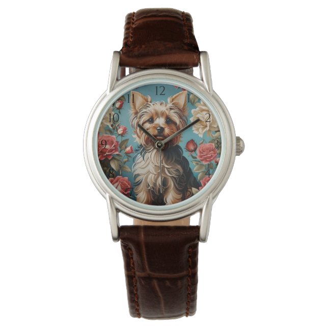 Elegant Yorkshire Terrier Portrait Rose Garden Watch (Front)