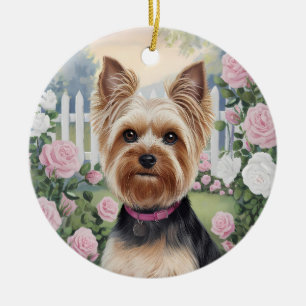 Elegant Yorkshire Terrier Rose Garden Painting Ceramic Ornament