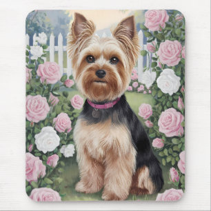 Elegant Yorkshire Terrier Rose Garden Painting Mouse Pad