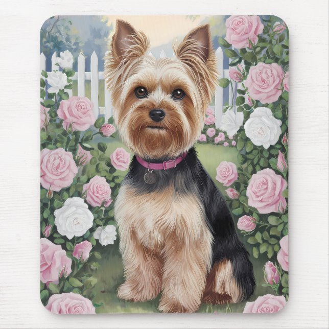 Elegant Yorkshire Terrier Rose Garden Painting Mouse Pad (Front)