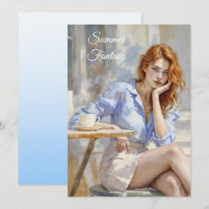 Elegant young lady in blue and white at a cafe invitation