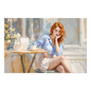 Elegant young lady in blue and white at a cafe photo print