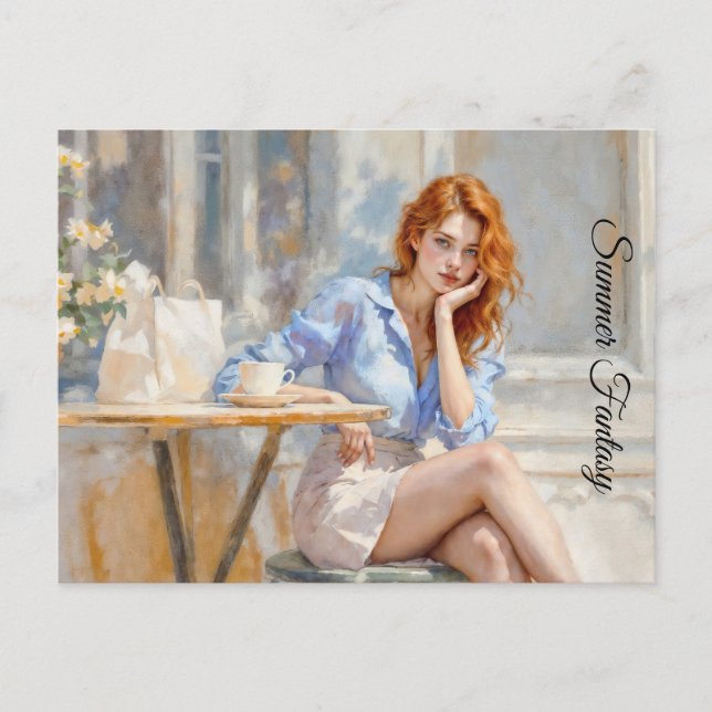 Elegant young lady in blue and white at a cafe postcard (Front)