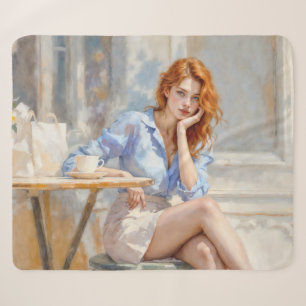Elegant young lady in blue and white at a cafe sherpa blanket