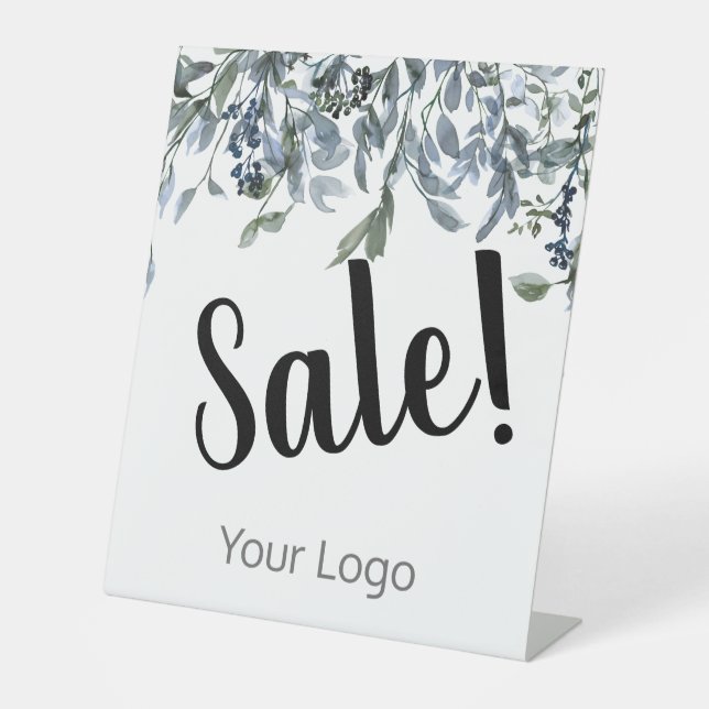Elegant Your Logo Blue Floral Sale Business Pedestal Sign (Front)