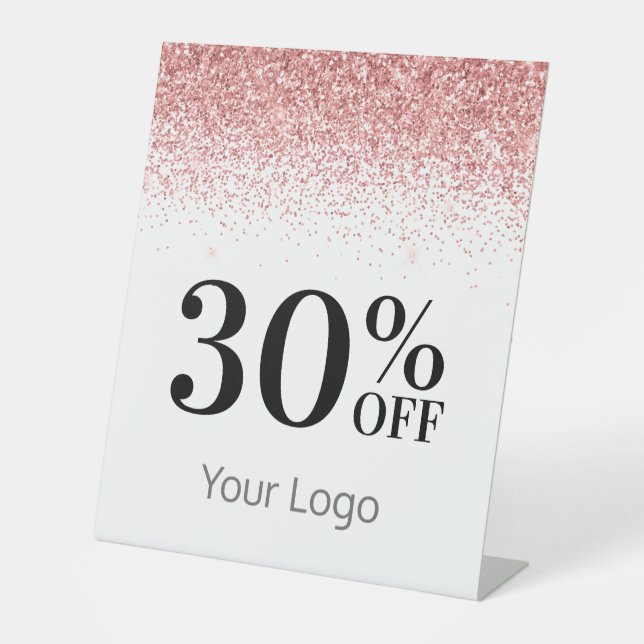 Elegant Your Logo Pink Glitter 30% Off Business Pedestal Sign (Front)
