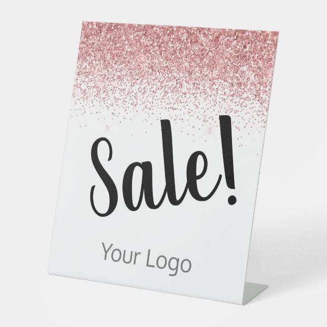 Elegant Your Logo Pink Glitter Sale Business Pedestal Sign (Front)