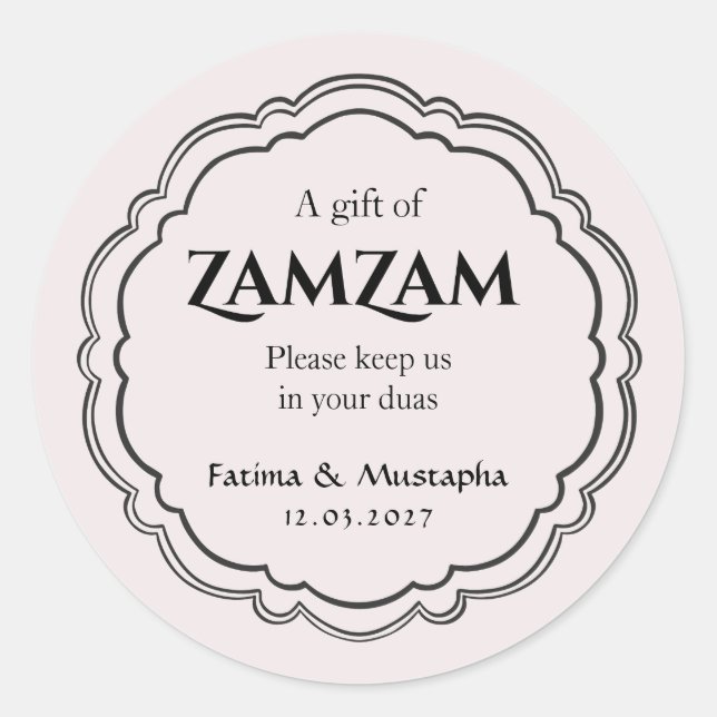 Elegant Zamzam Water Gift Favour  with Custom name Classic Round Sticker (Front)