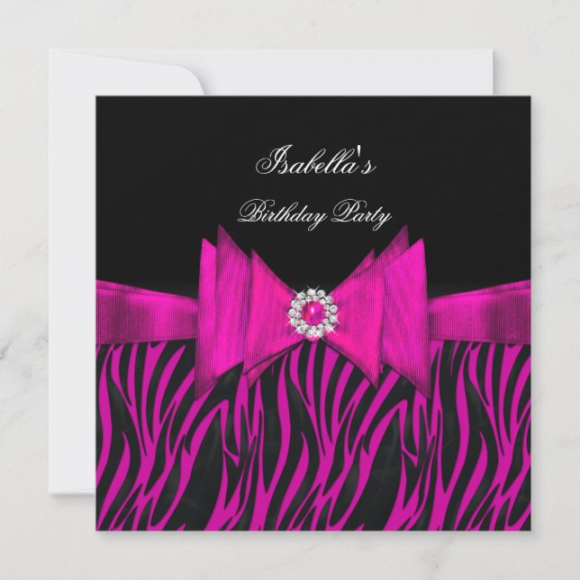 Elegant Zebra Birthday Party Hot Pink Black Invitation (Front)