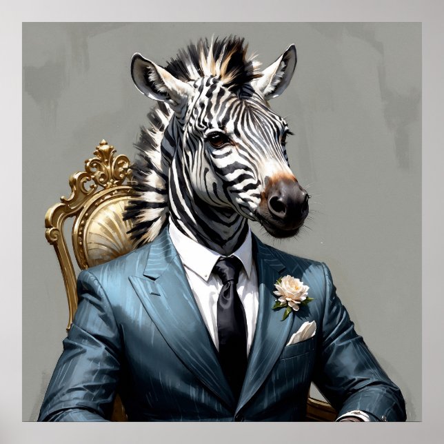 Elegant Zebra in Blue Suit Portrait Painting Poster (Front)