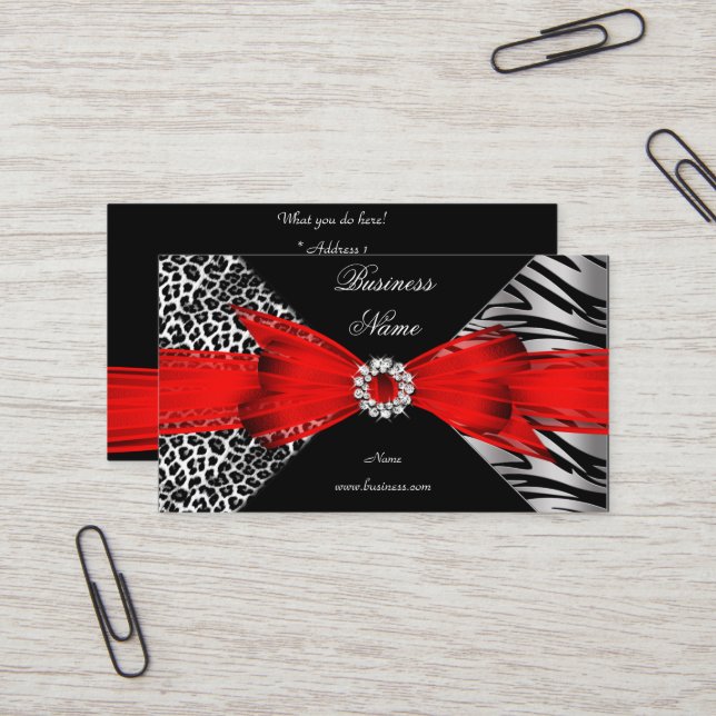 Elegant Zebra Leopard Black Red Business Card (Front/Back In Situ)
