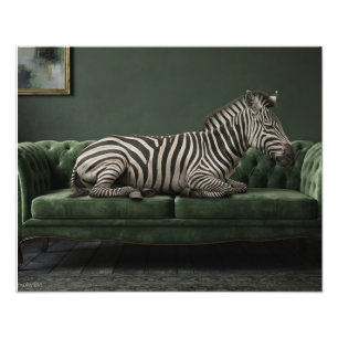 Elegant Zebra on Green Velvet Sofa Photo Print