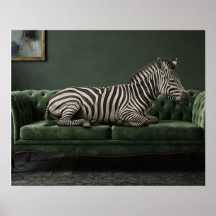 Elegant Zebra on Green Velvet Sofa Poster
