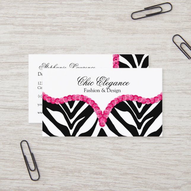 Elegant Zebra Pattern Sequin Look Business Card (Front/Back In Situ)