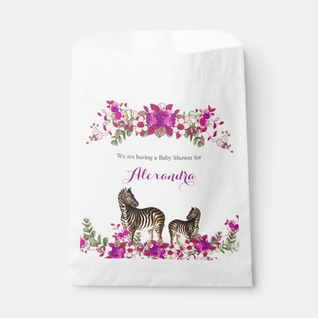 Elegant Zebra Pink Floral Baby Shower Party Favour Bag (Front)