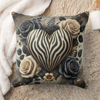 Elegant Zebra Print Heart & Roses Cushion