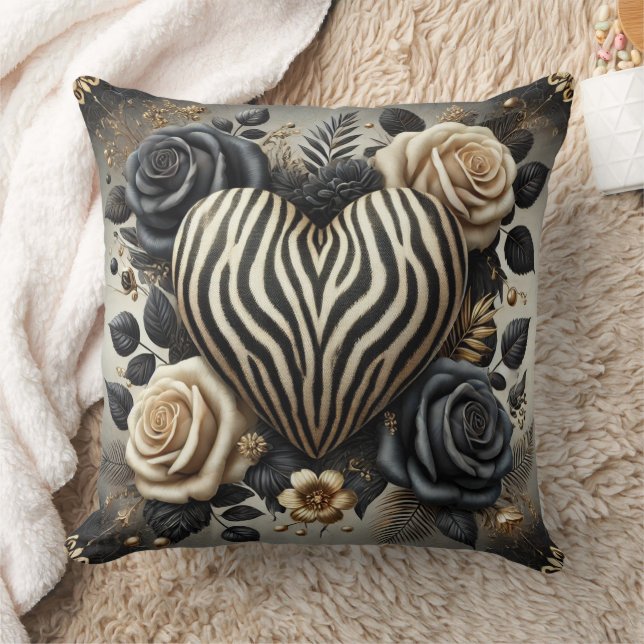 Elegant Zebra Print Heart & Roses Cushion (Blanket)