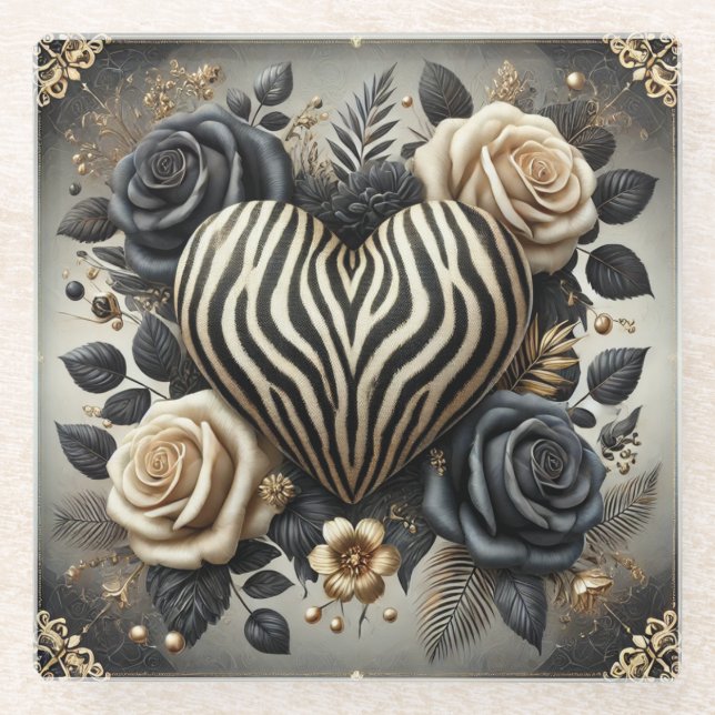 Elegant Zebra Print Heart & Roses Glass Coaster (Front)